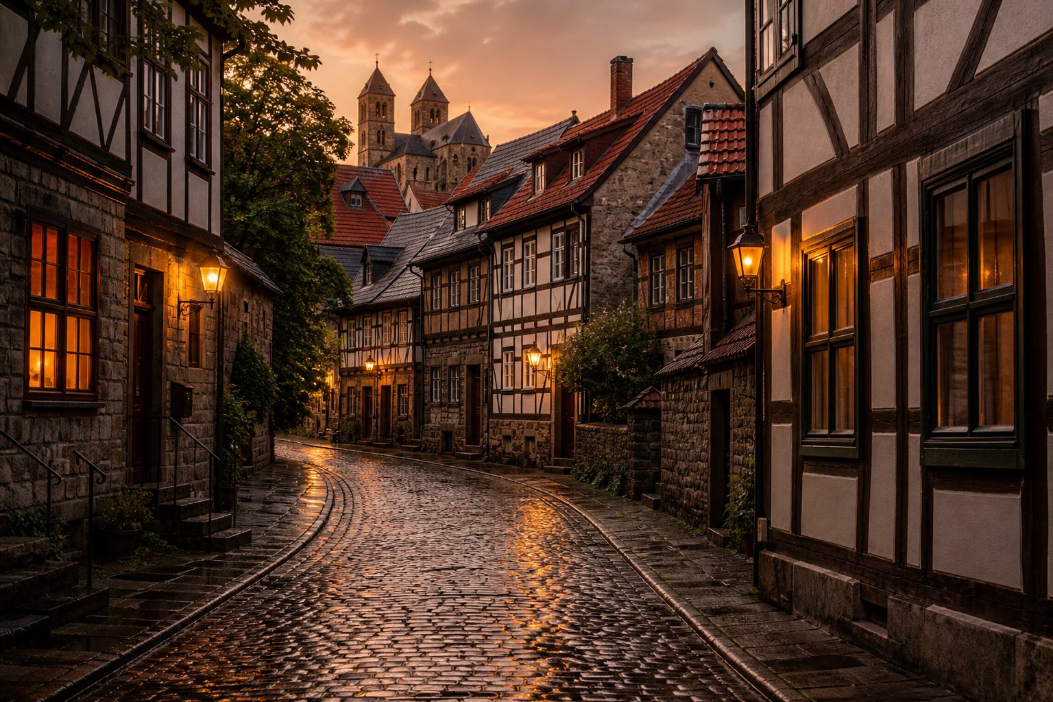 Kupfernes Abendlicht über Fachwerkgassen in Quedlinburg