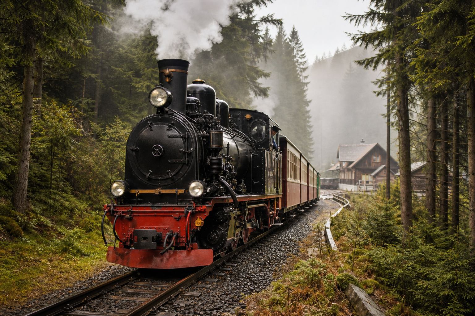 Rote Schmalspurdampflok zwischen Fichten im Harz