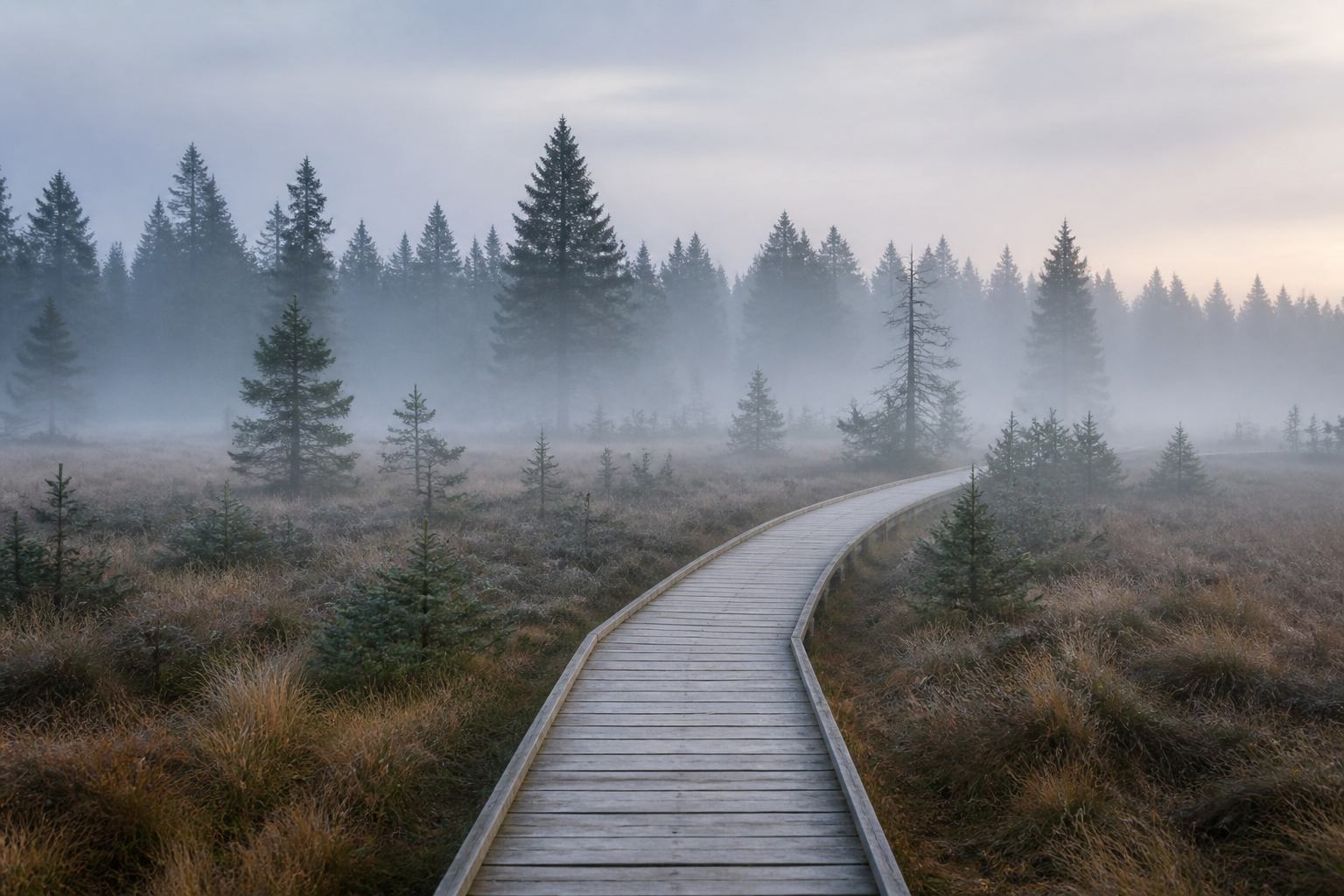 Morgennebel über Torfhaus und Hochmoorpfaden