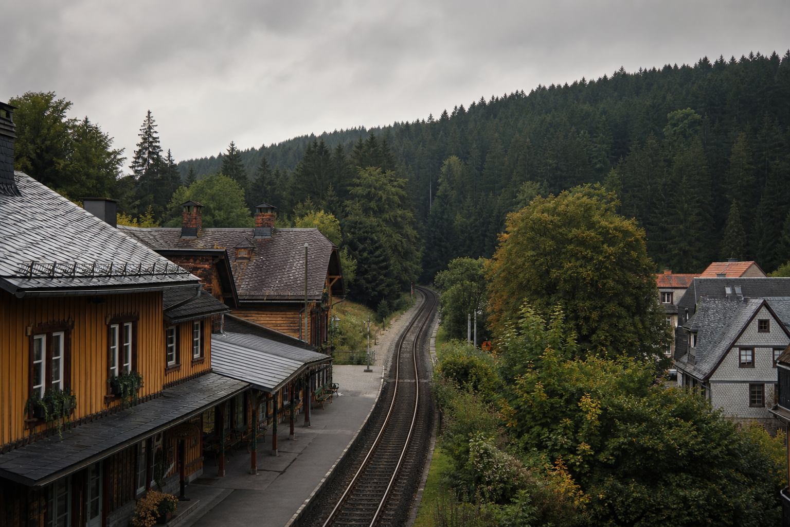 Holzstation und Gleise in Wernigerode am Rand des Harzwalds